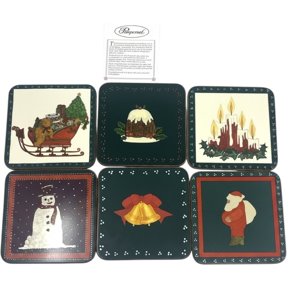 Pimpernel Coasters Set of 6 Christmas Folk Art Green Vintage New Without Tags